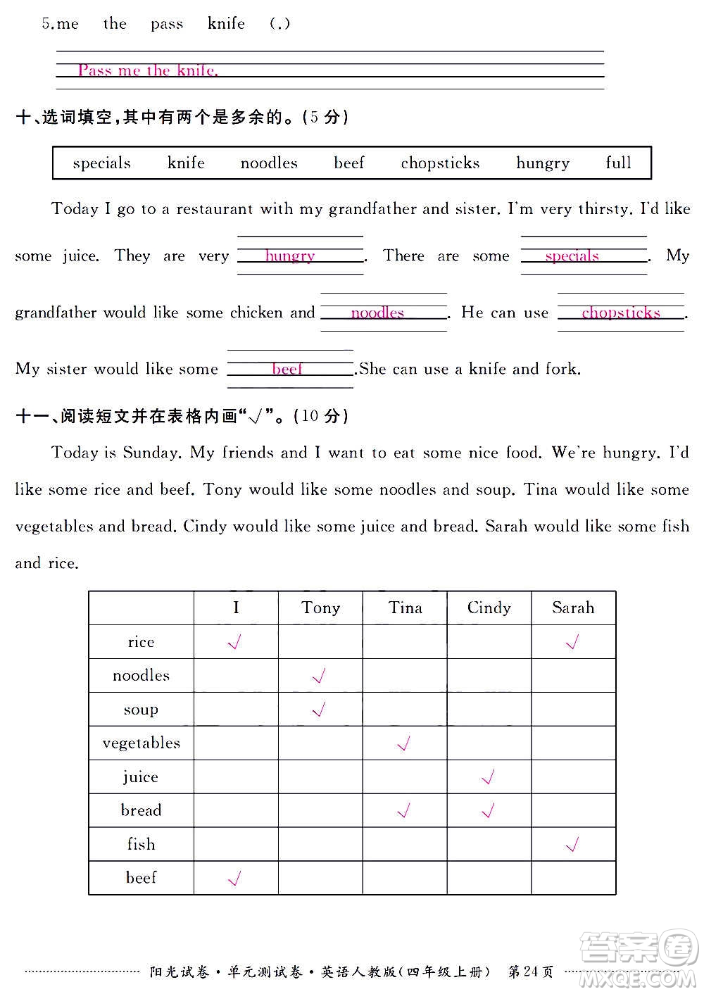 江西高校出版社2020陽(yáng)光試卷單元測(cè)試卷英語(yǔ)四年級(jí)上冊(cè)人教版答案