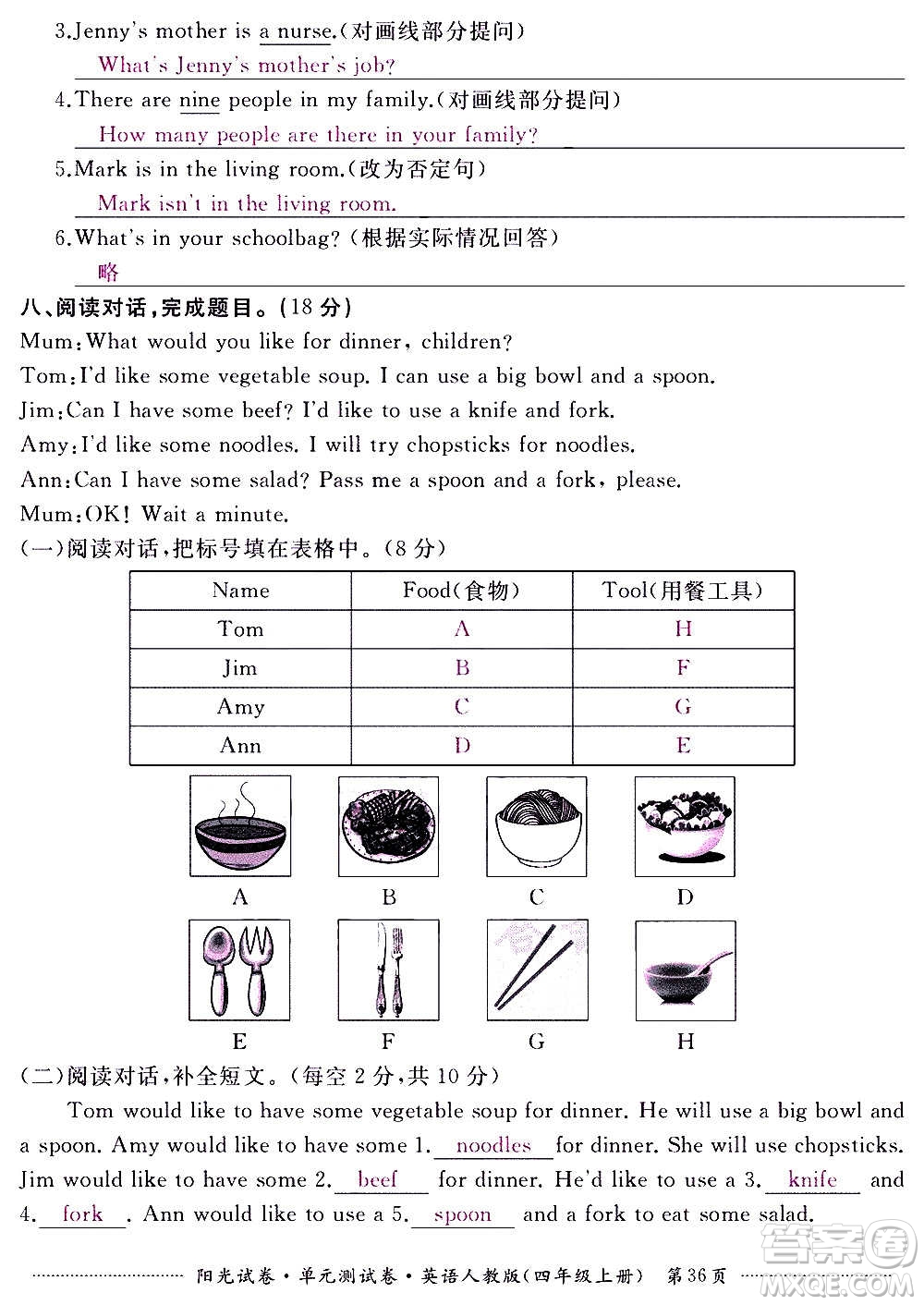 江西高校出版社2020陽(yáng)光試卷單元測(cè)試卷英語(yǔ)四年級(jí)上冊(cè)人教版答案