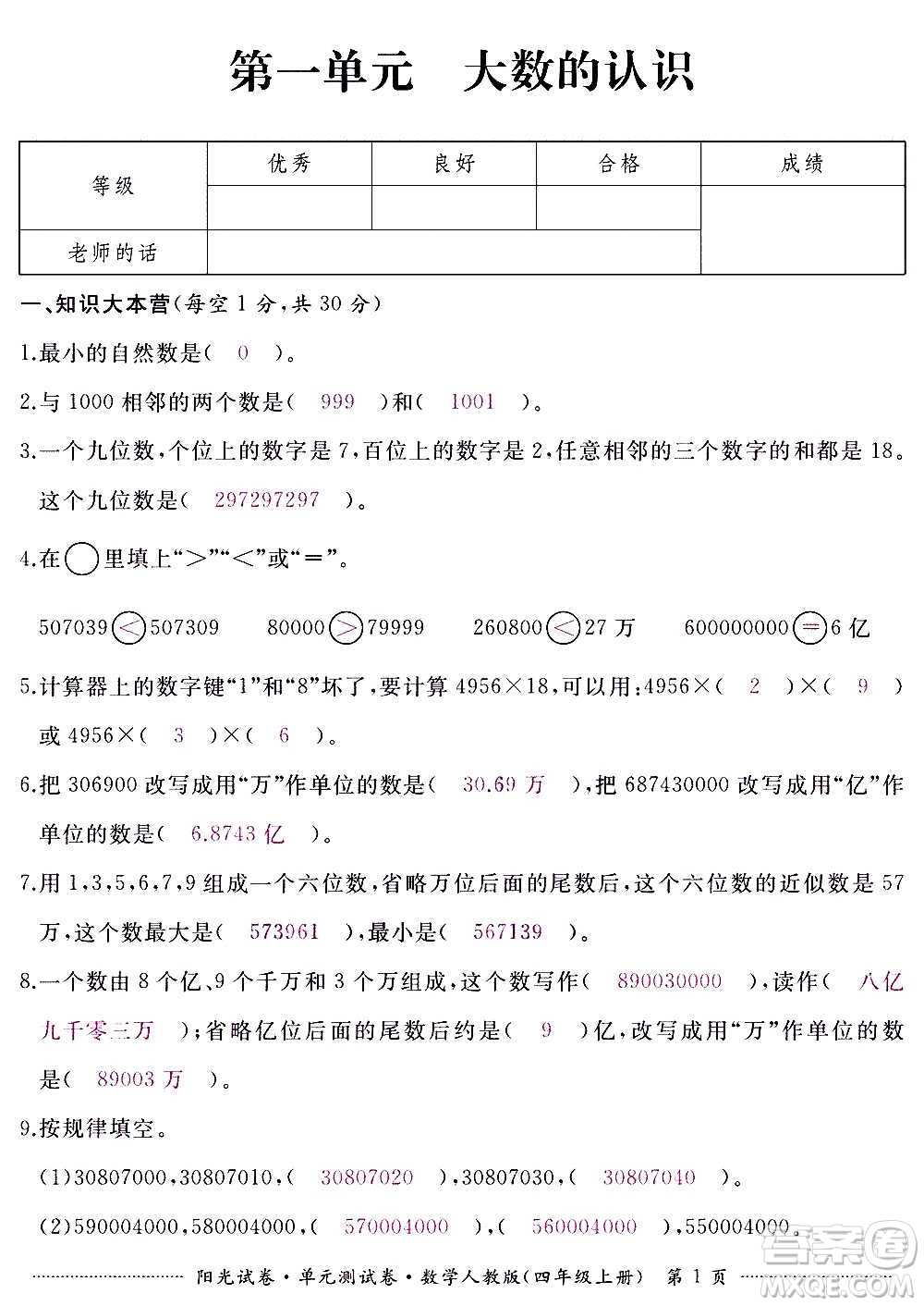 江西高校出版社2020陽光試卷單元測試卷數(shù)學(xué)四年級上冊人教版答案