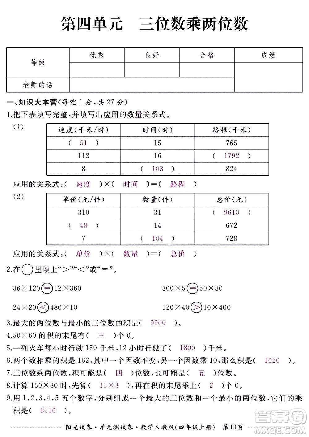 江西高校出版社2020陽光試卷單元測試卷數(shù)學(xué)四年級上冊人教版答案