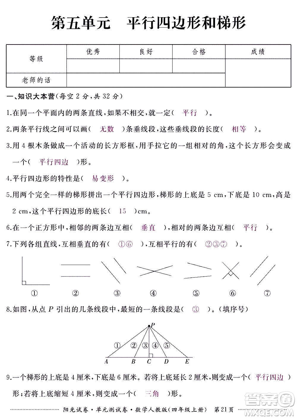 江西高校出版社2020陽光試卷單元測試卷數(shù)學(xué)四年級上冊人教版答案