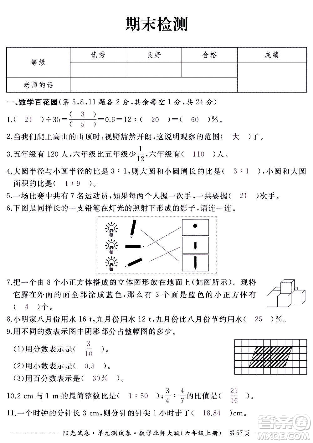 江西高校出版社2020陽光試卷單元測試卷數(shù)學(xué)六年級上冊北師大版答案