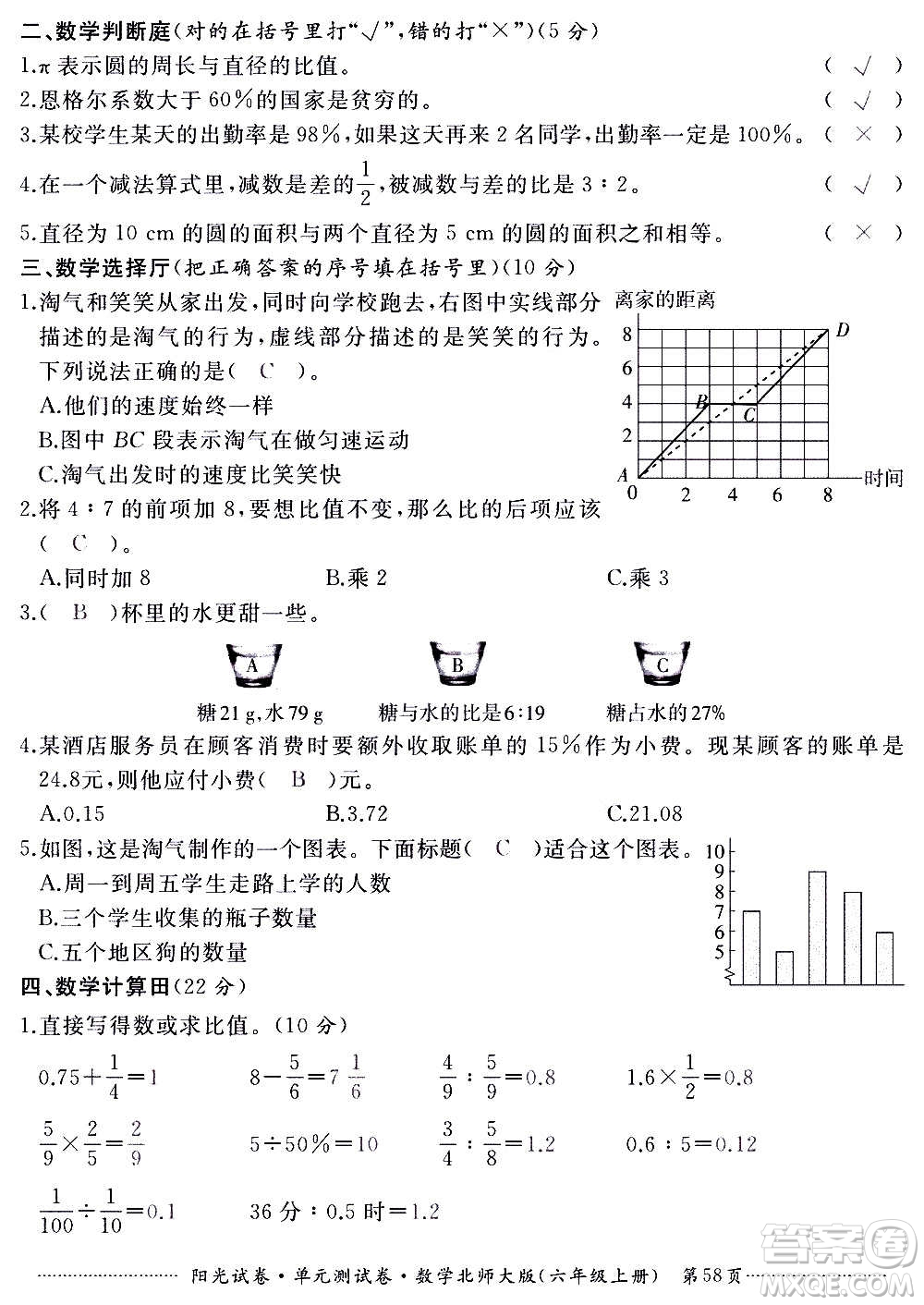 江西高校出版社2020陽光試卷單元測試卷數(shù)學(xué)六年級上冊北師大版答案