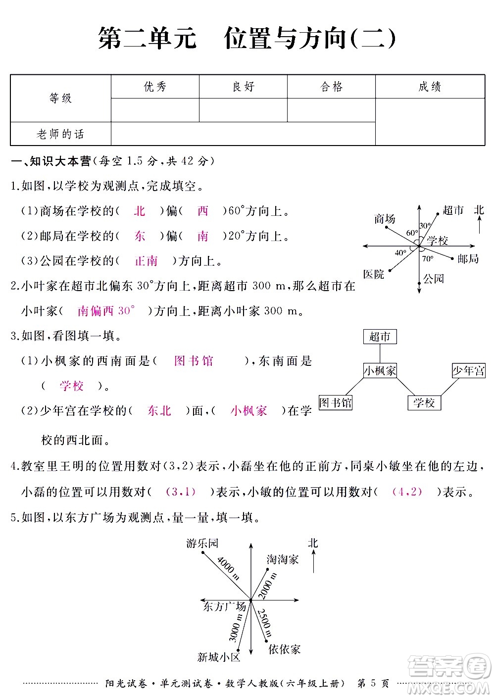 江西高校出版社2020陽光試卷單元測試卷數(shù)學(xué)六年級(jí)上冊(cè)人教版答案