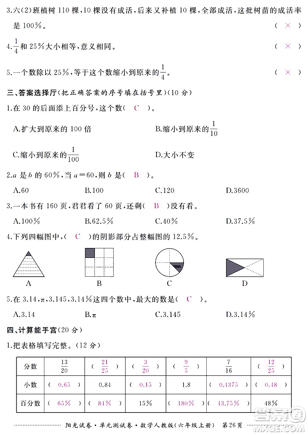 江西高校出版社2020陽光試卷單元測試卷數(shù)學(xué)六年級(jí)上冊(cè)人教版答案