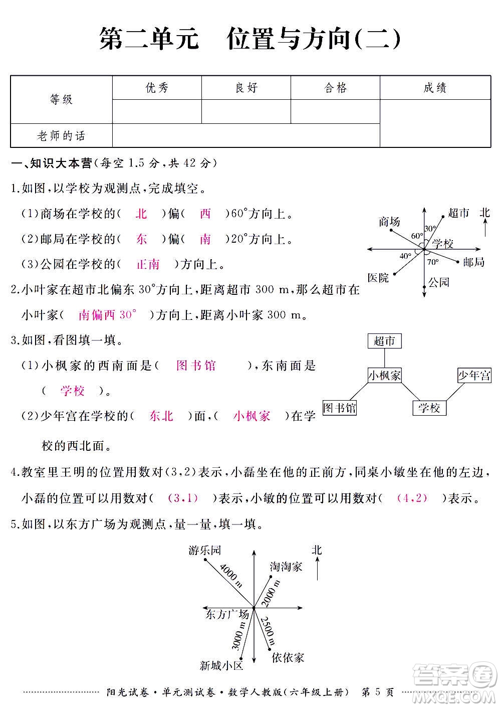 江西高校出版社2020陽光試卷單元測試卷數(shù)學(xué)六年級(jí)上冊(cè)人教版答案