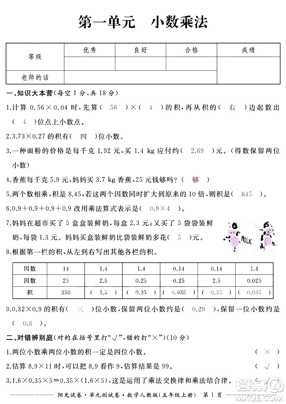 江西高校出版社2020陽光試卷單元測試卷數(shù)學(xué)五年級上冊人教版答案