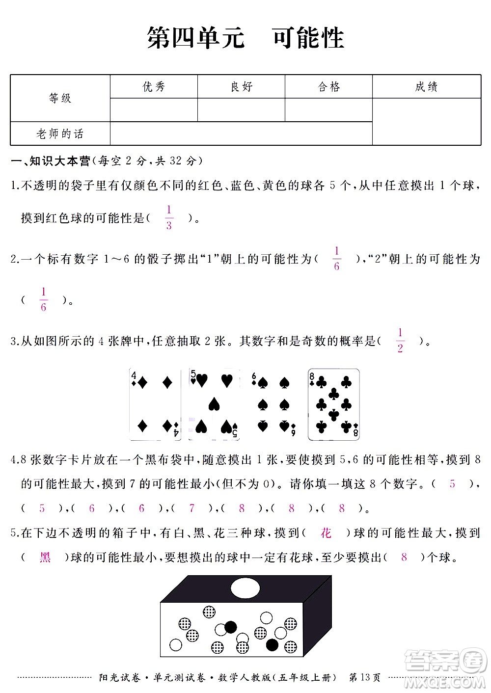 江西高校出版社2020陽光試卷單元測試卷數(shù)學(xué)五年級上冊人教版答案