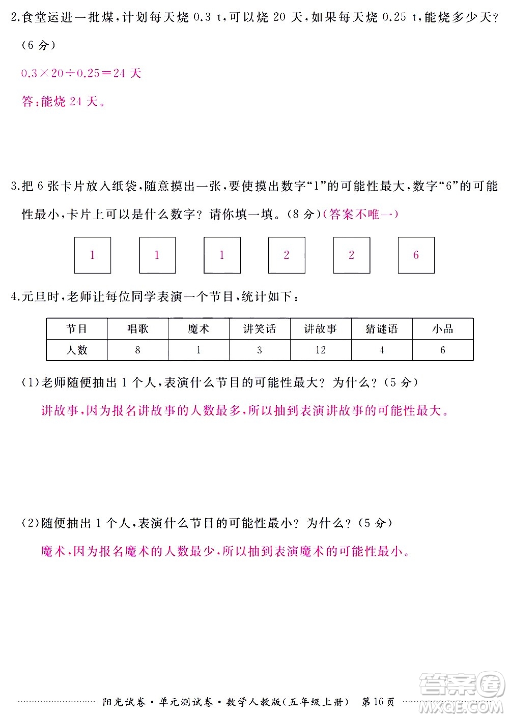 江西高校出版社2020陽光試卷單元測試卷數(shù)學(xué)五年級上冊人教版答案