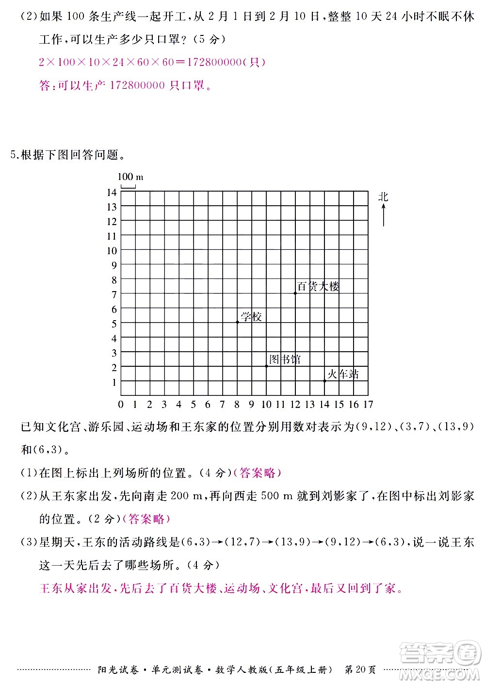 江西高校出版社2020陽光試卷單元測試卷數(shù)學(xué)五年級上冊人教版答案