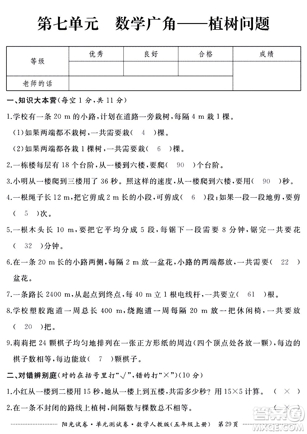 江西高校出版社2020陽光試卷單元測試卷數(shù)學(xué)五年級上冊人教版答案