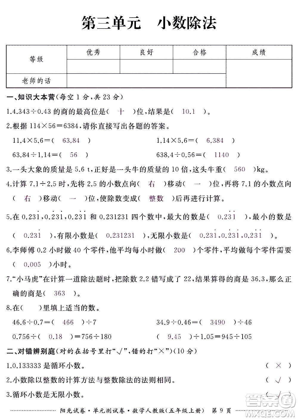 江西高校出版社2020陽光試卷單元測試卷數(shù)學(xué)五年級上冊人教版答案