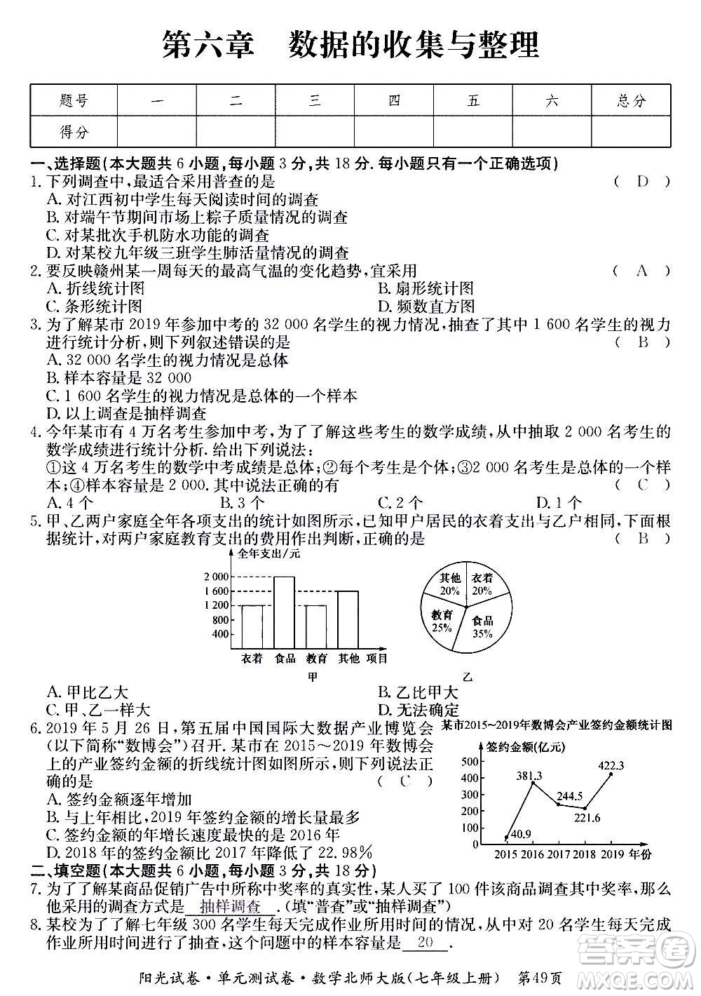 江西高校出版社2020陽(yáng)光試卷單元測(cè)試卷數(shù)學(xué)七年級(jí)上冊(cè)北師大版答案