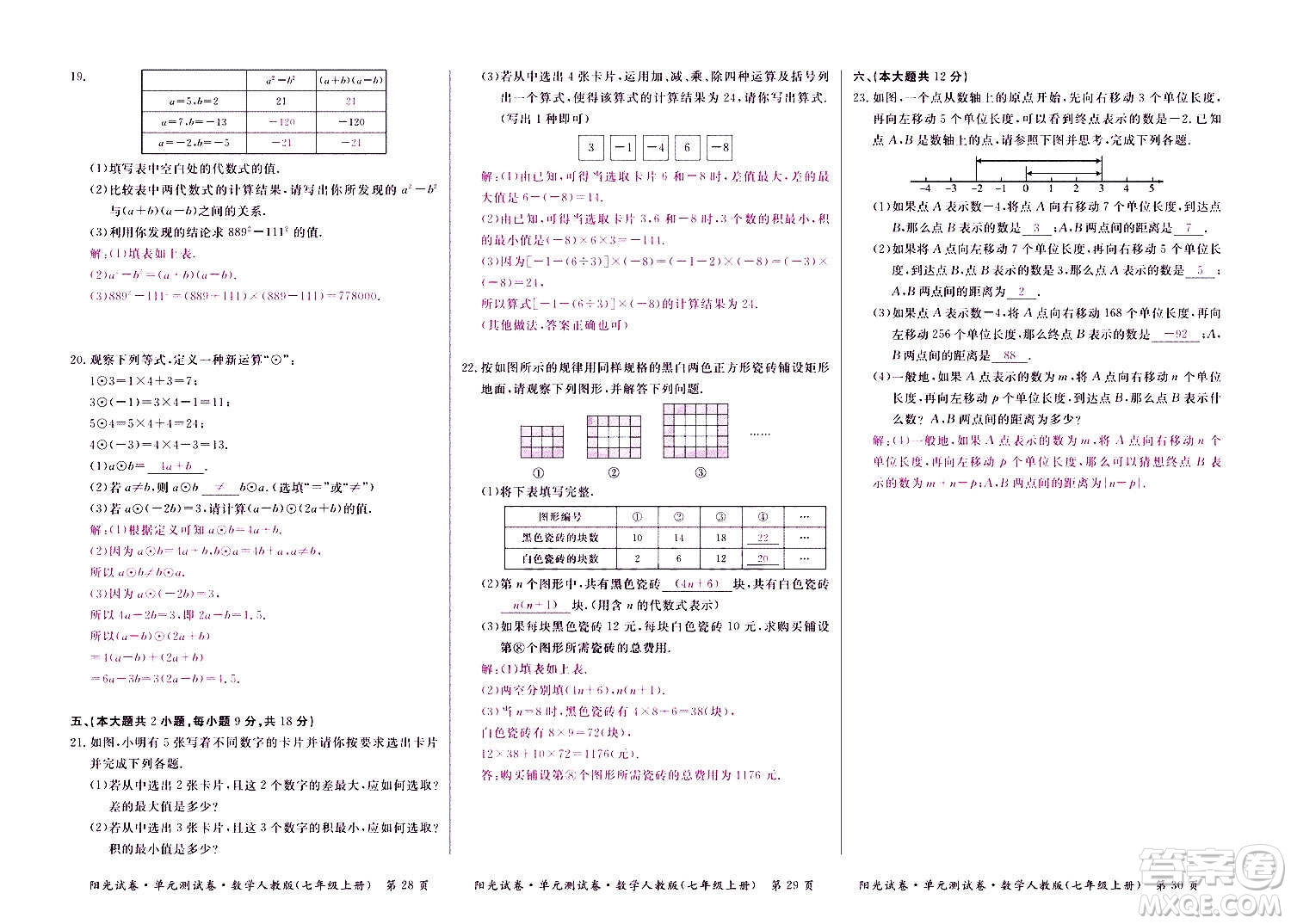 江西高校出版社2020陽光試卷單元測試卷數(shù)學(xué)七年級上冊人教版答案