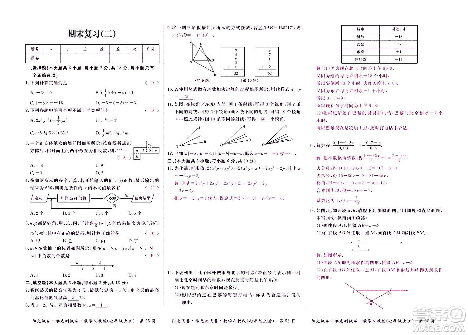 江西高校出版社2020陽光試卷單元測試卷數(shù)學(xué)七年級上冊人教版答案