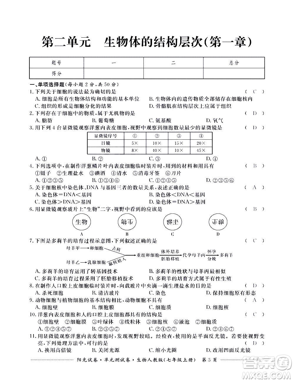 江西高校出版社2020陽光試卷單元測試卷生物七年級上冊人教版答案