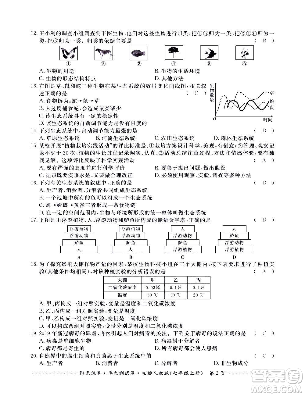 江西高校出版社2020陽光試卷單元測試卷生物七年級上冊人教版答案