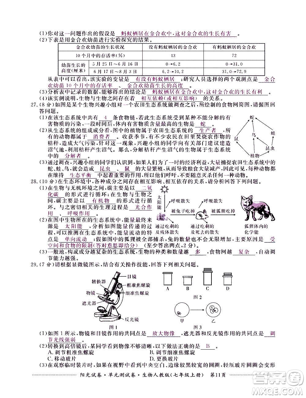 江西高校出版社2020陽光試卷單元測試卷生物七年級上冊人教版答案