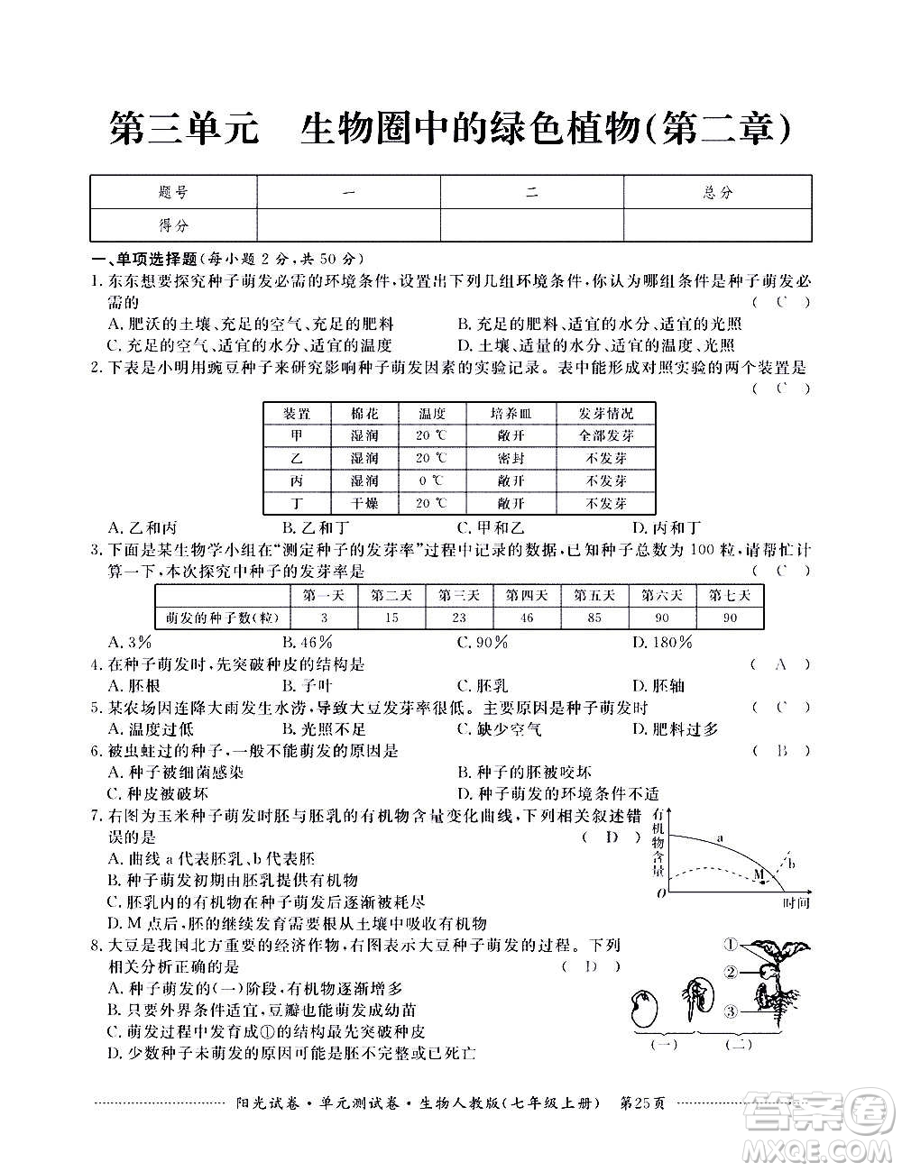 江西高校出版社2020陽光試卷單元測試卷生物七年級上冊人教版答案