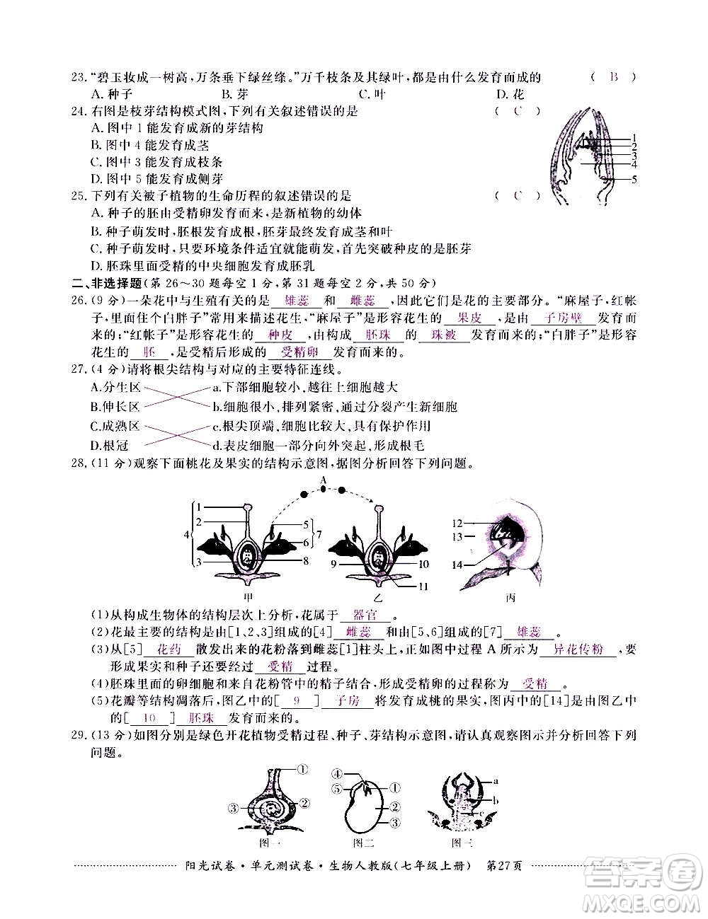 江西高校出版社2020陽光試卷單元測試卷生物七年級上冊人教版答案