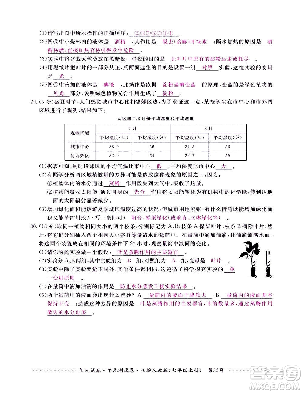 江西高校出版社2020陽光試卷單元測試卷生物七年級上冊人教版答案