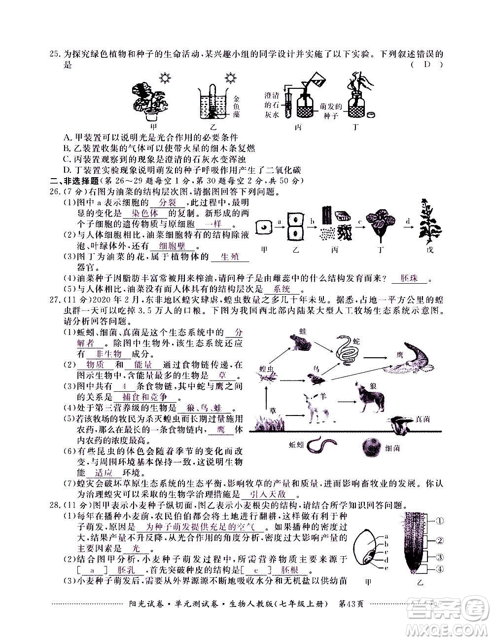 江西高校出版社2020陽光試卷單元測試卷生物七年級上冊人教版答案