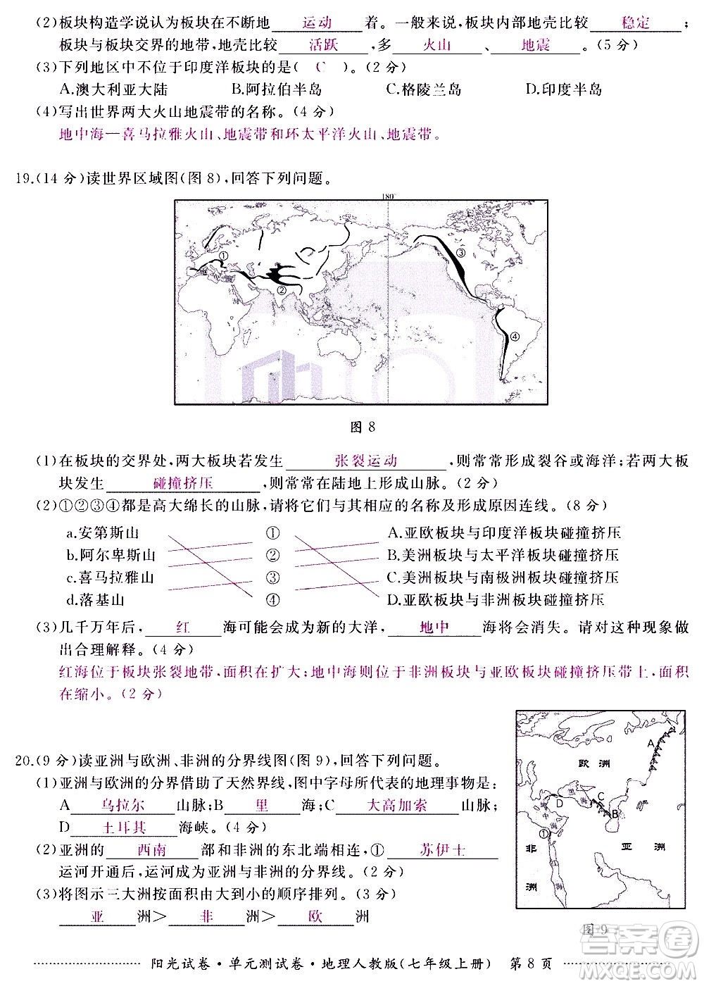 江西高校出版社2020陽光試卷單元測試卷地理七年級上冊人教版答案