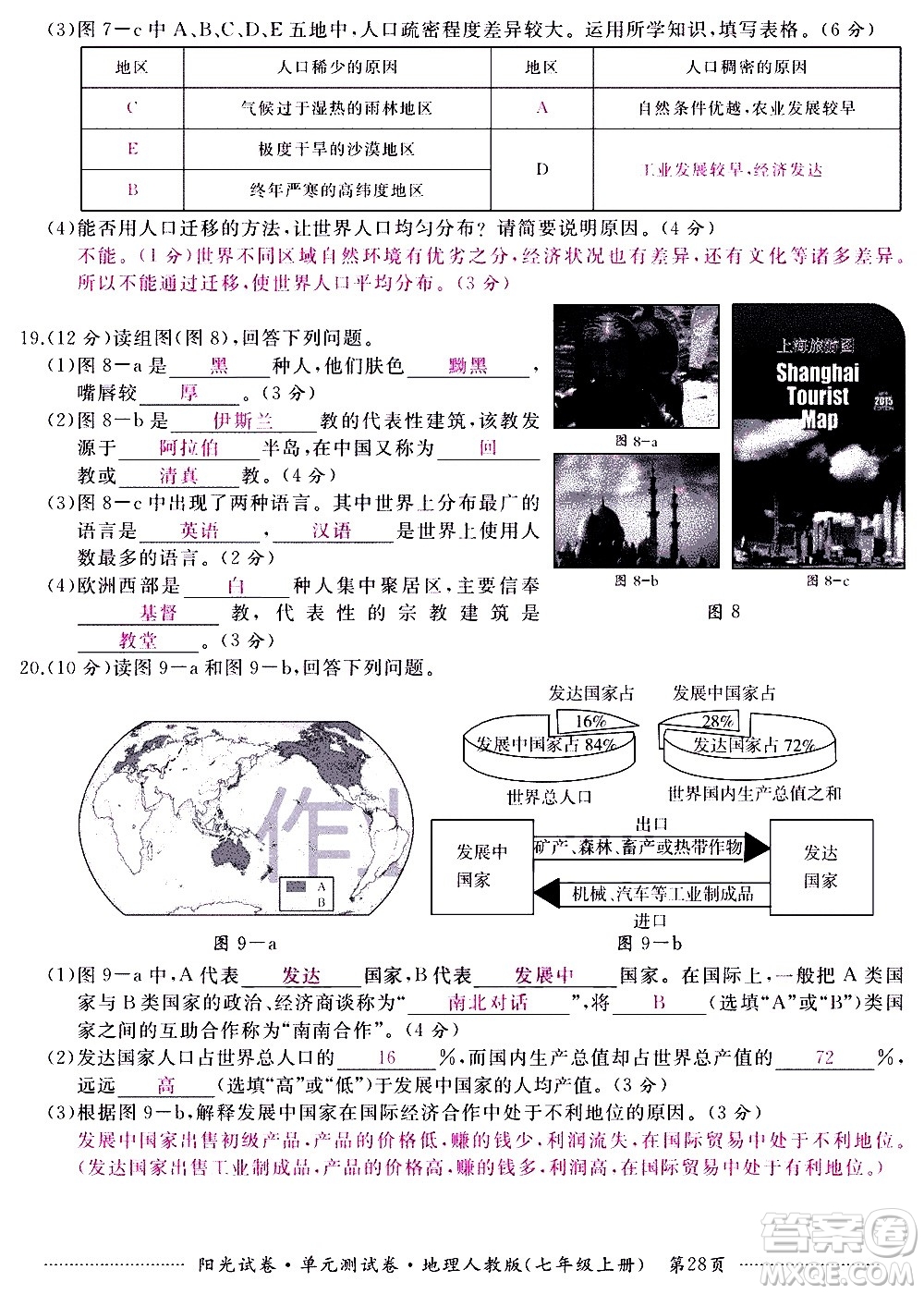 江西高校出版社2020陽光試卷單元測試卷地理七年級上冊人教版答案