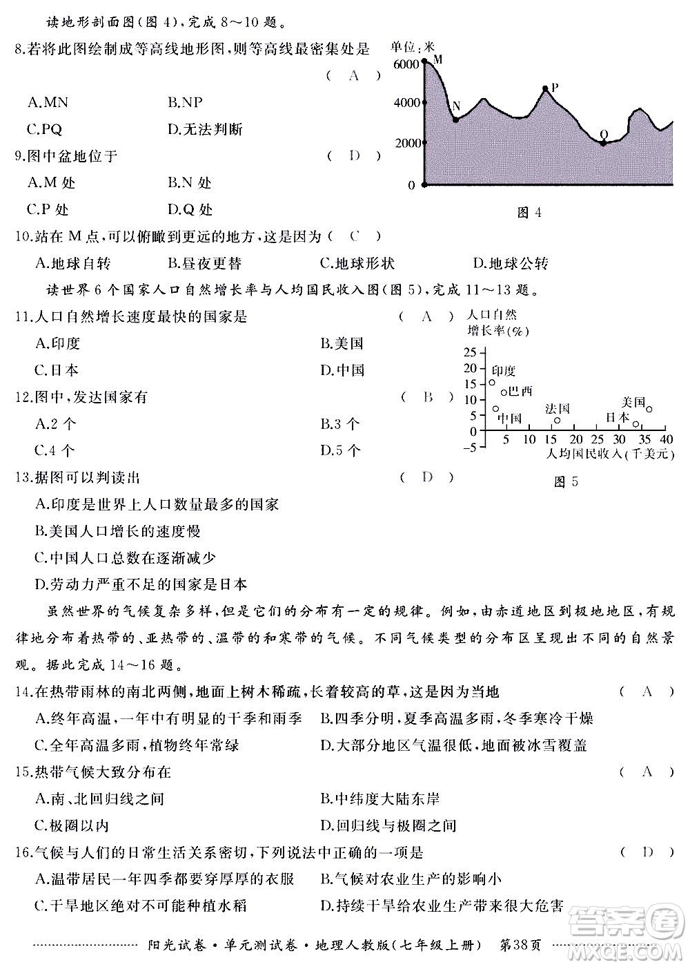 江西高校出版社2020陽光試卷單元測試卷地理七年級上冊人教版答案