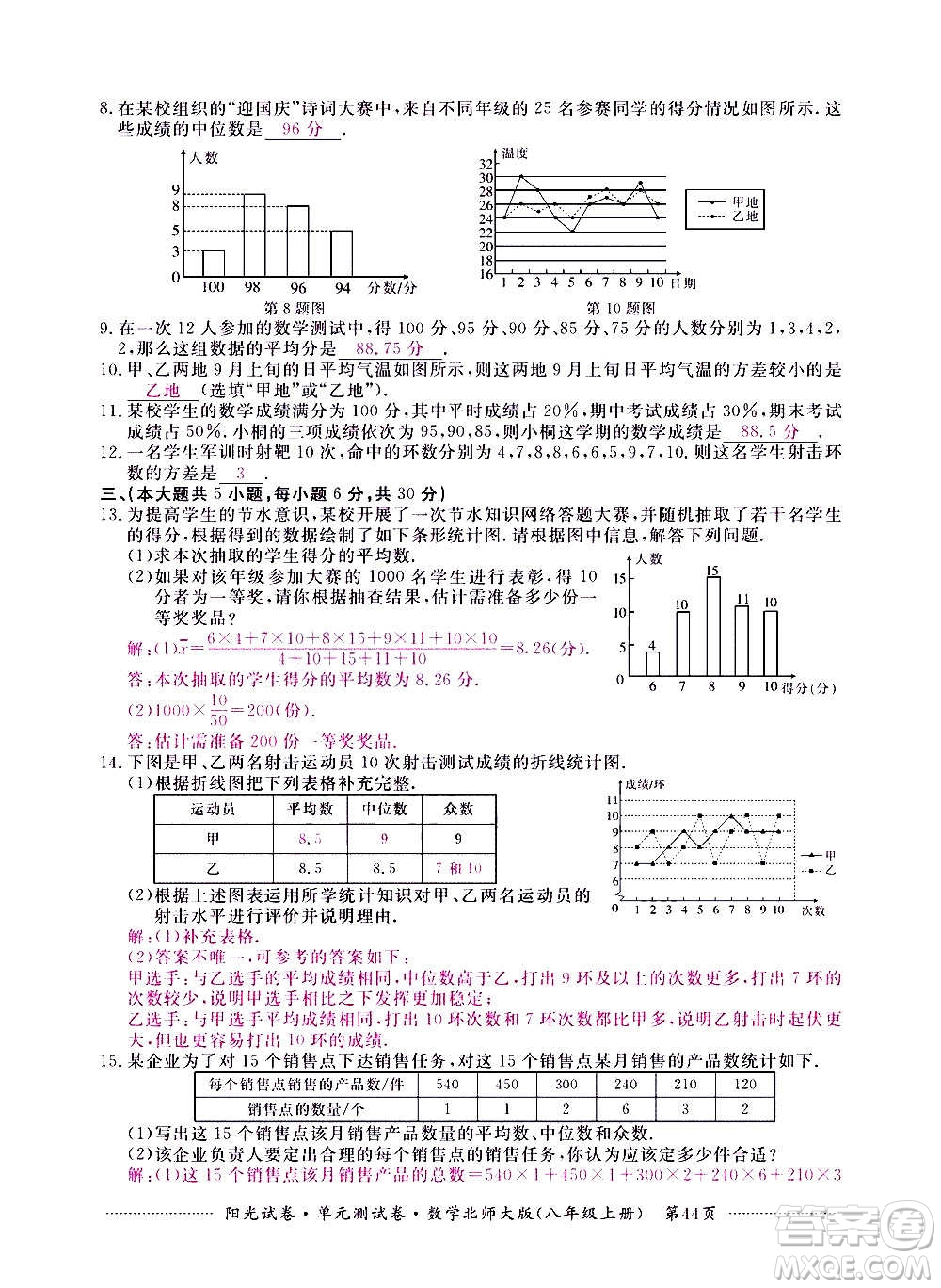 江西高校出版社2020陽光試卷單元測試卷數(shù)學(xué)八年級上冊北師大版答案