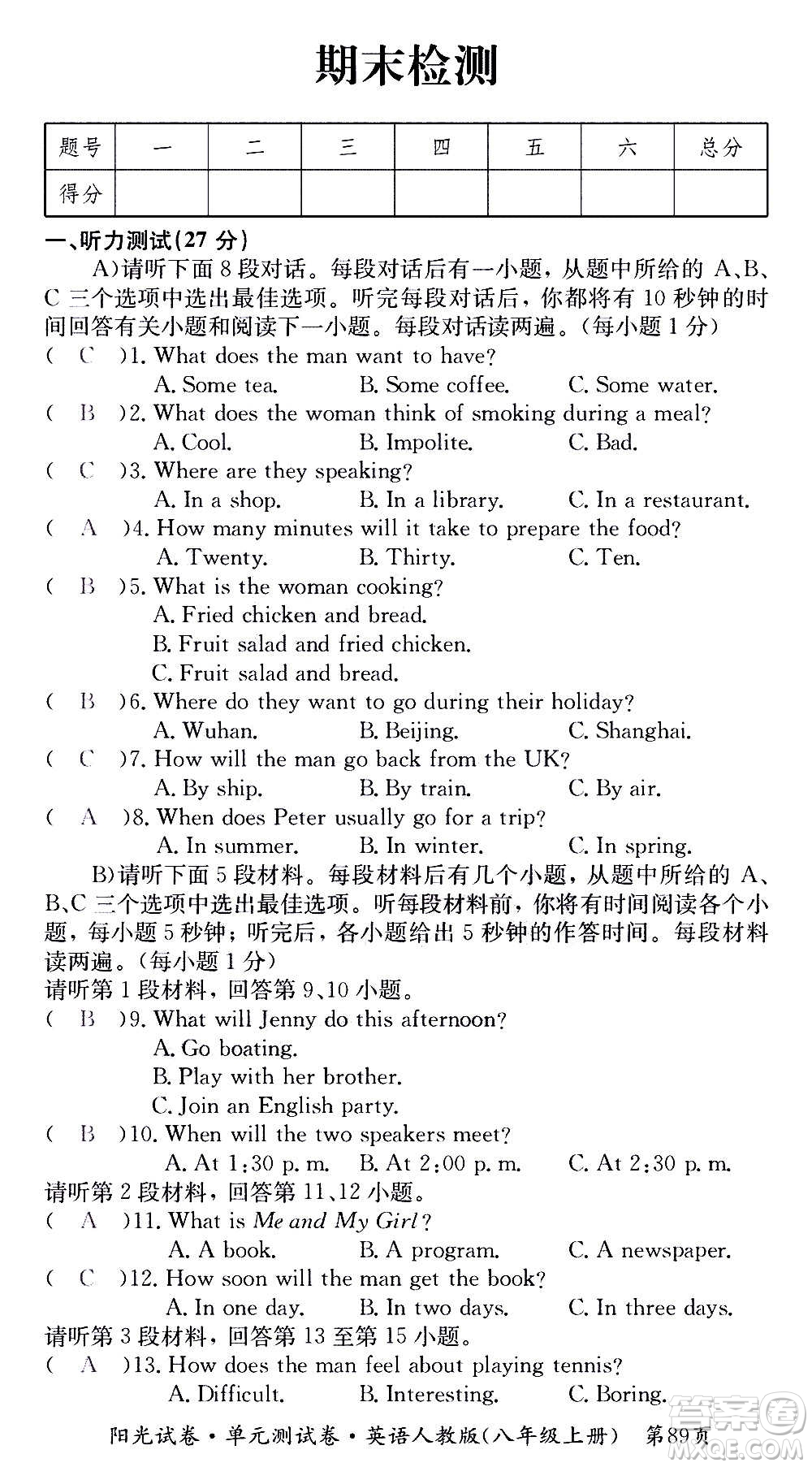 江西高校出版社2020陽光試卷單元測試卷英語八年級上冊人教版答案