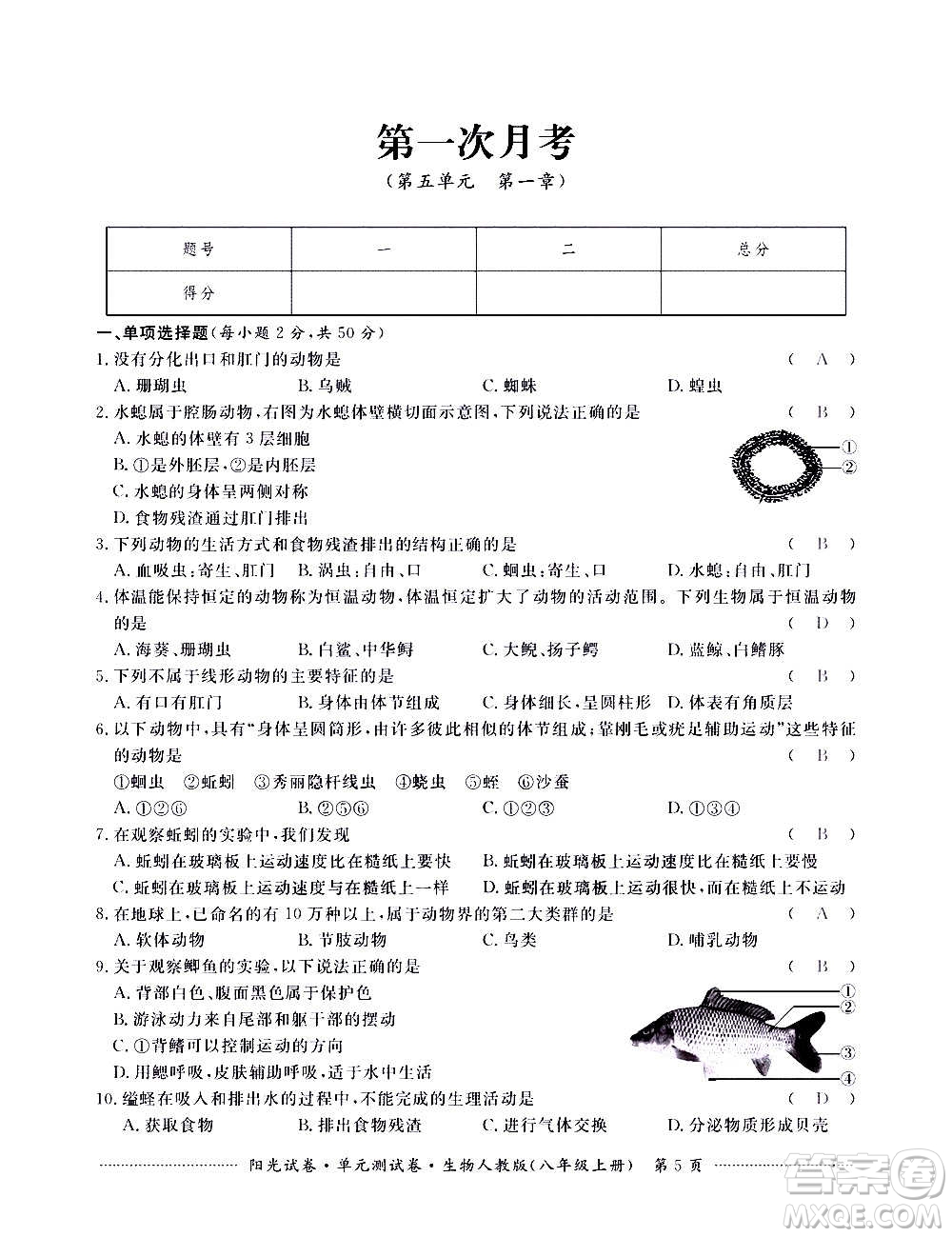 江西高校出版社2020陽光試卷單元測試卷生物八年級上冊人教版答案