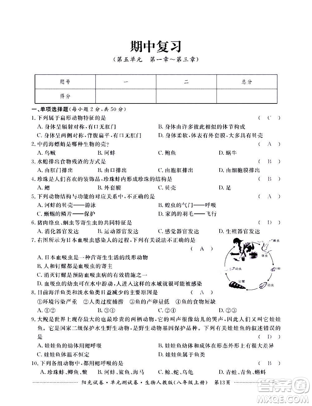 江西高校出版社2020陽光試卷單元測試卷生物八年級上冊人教版答案