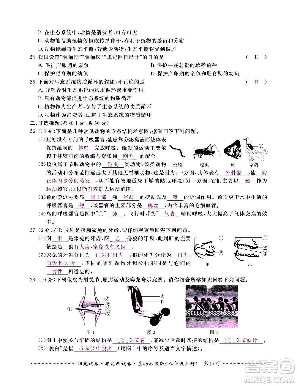 江西高校出版社2020陽光試卷單元測試卷生物八年級上冊人教版答案