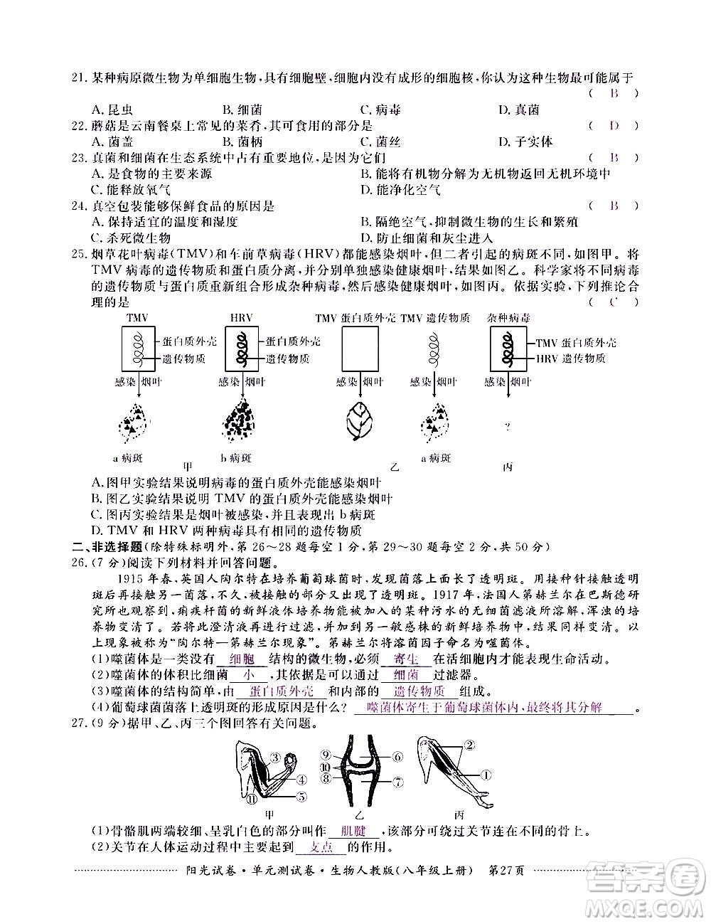 江西高校出版社2020陽光試卷單元測試卷生物八年級上冊人教版答案