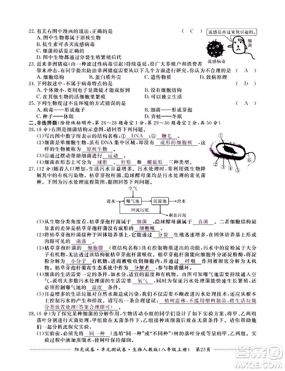 江西高校出版社2020陽光試卷單元測試卷生物八年級上冊人教版答案