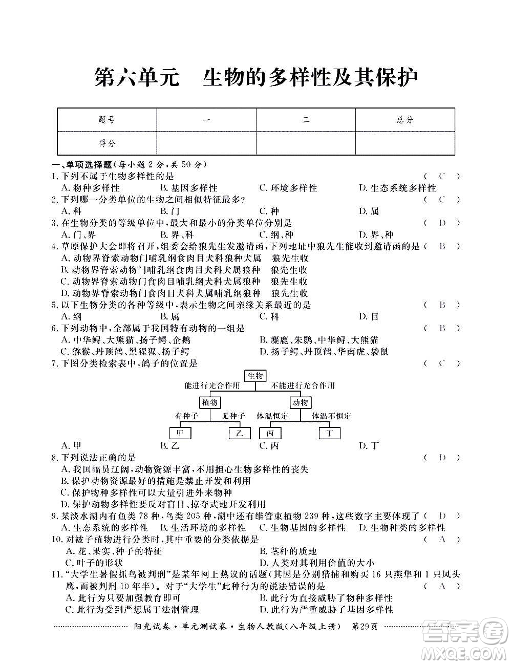 江西高校出版社2020陽光試卷單元測試卷生物八年級上冊人教版答案