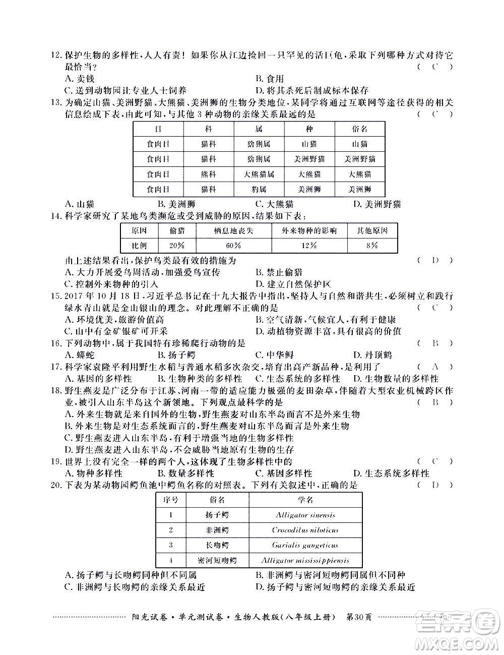 江西高校出版社2020陽光試卷單元測試卷生物八年級上冊人教版答案