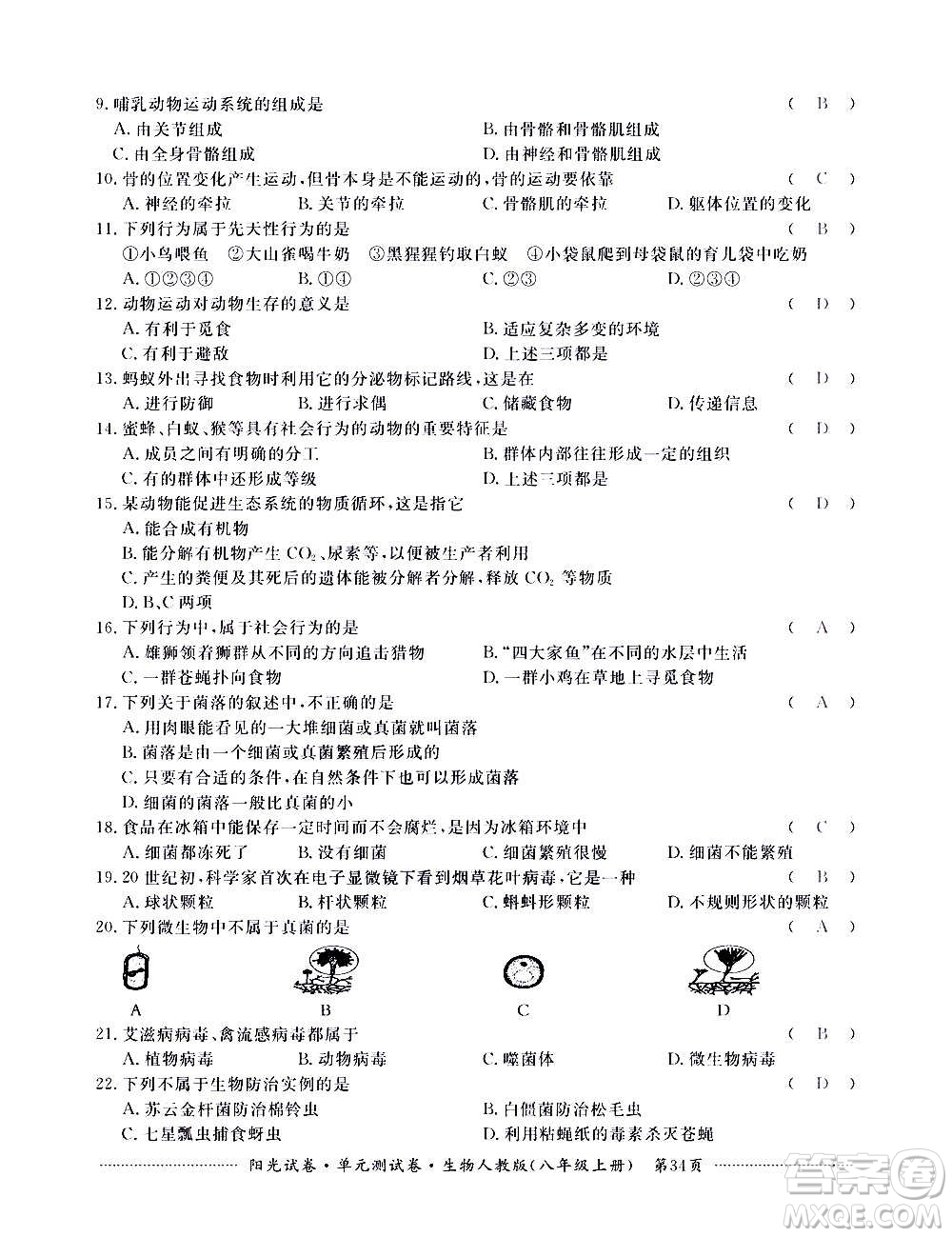 江西高校出版社2020陽光試卷單元測試卷生物八年級上冊人教版答案