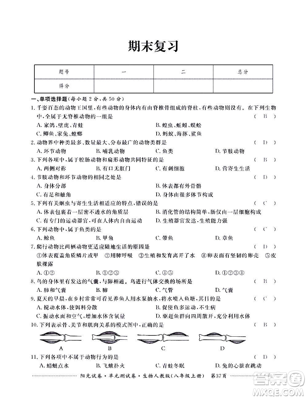 江西高校出版社2020陽光試卷單元測試卷生物八年級上冊人教版答案