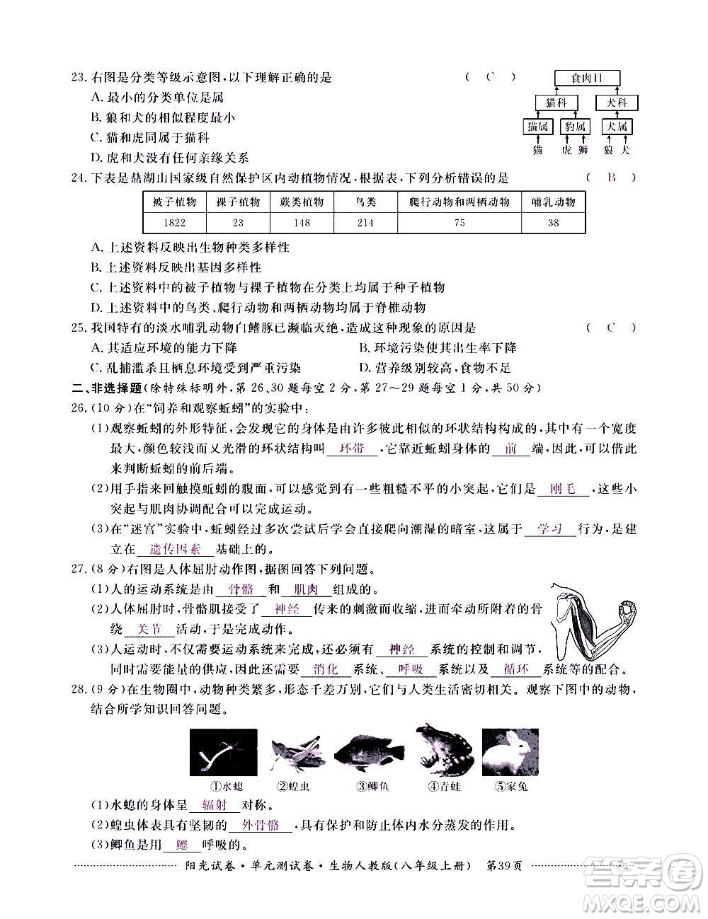 江西高校出版社2020陽光試卷單元測試卷生物八年級上冊人教版答案