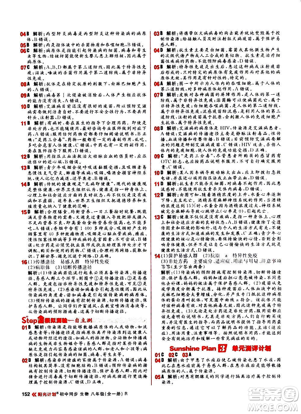 黑龍江教育出版社2021新版陽光計(jì)劃初中同步生物八年級全一冊R人教版答案