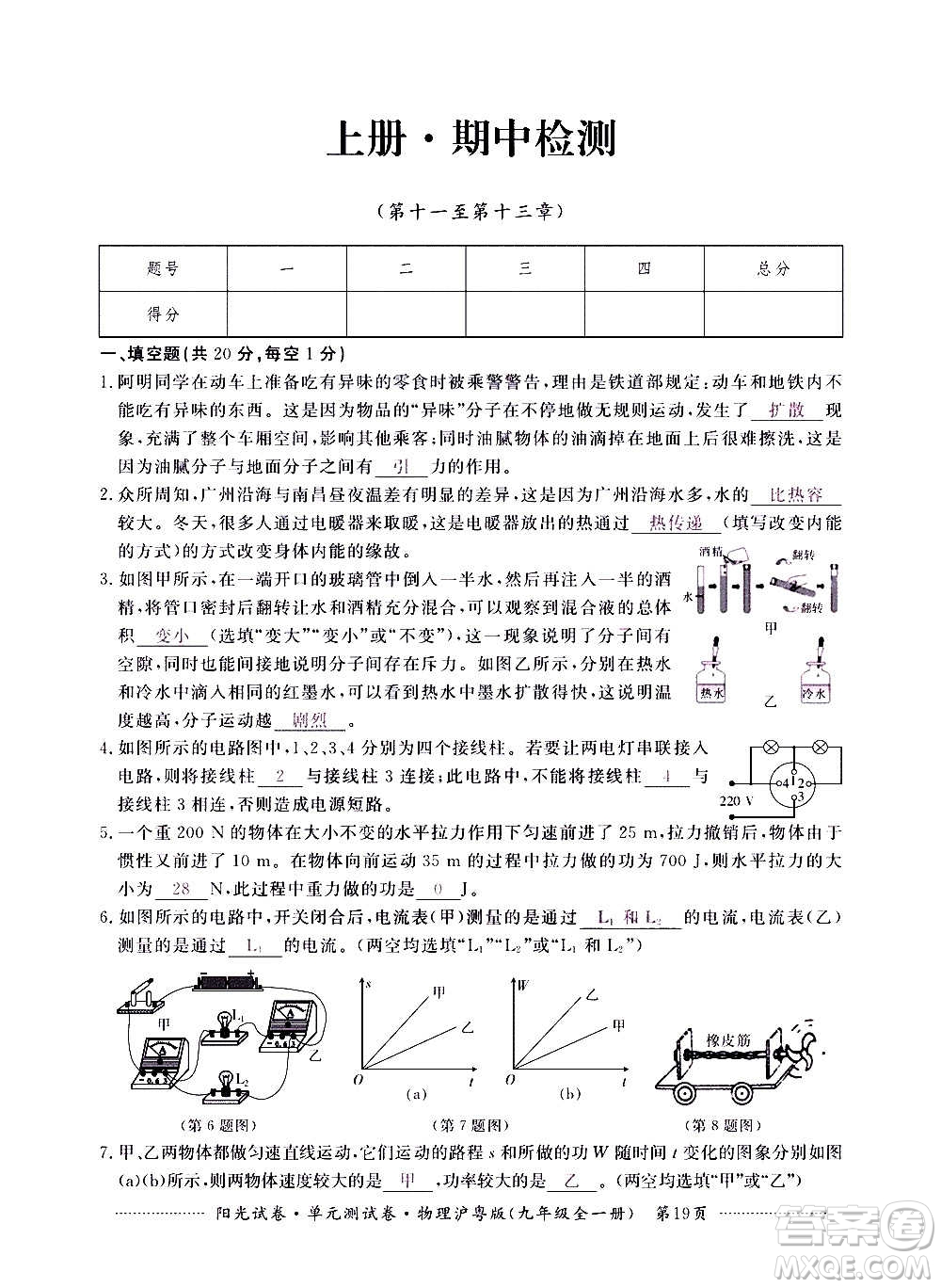 江西高校出版社2020陽光試卷單元測試卷物理九年級全一冊滬粵版答案