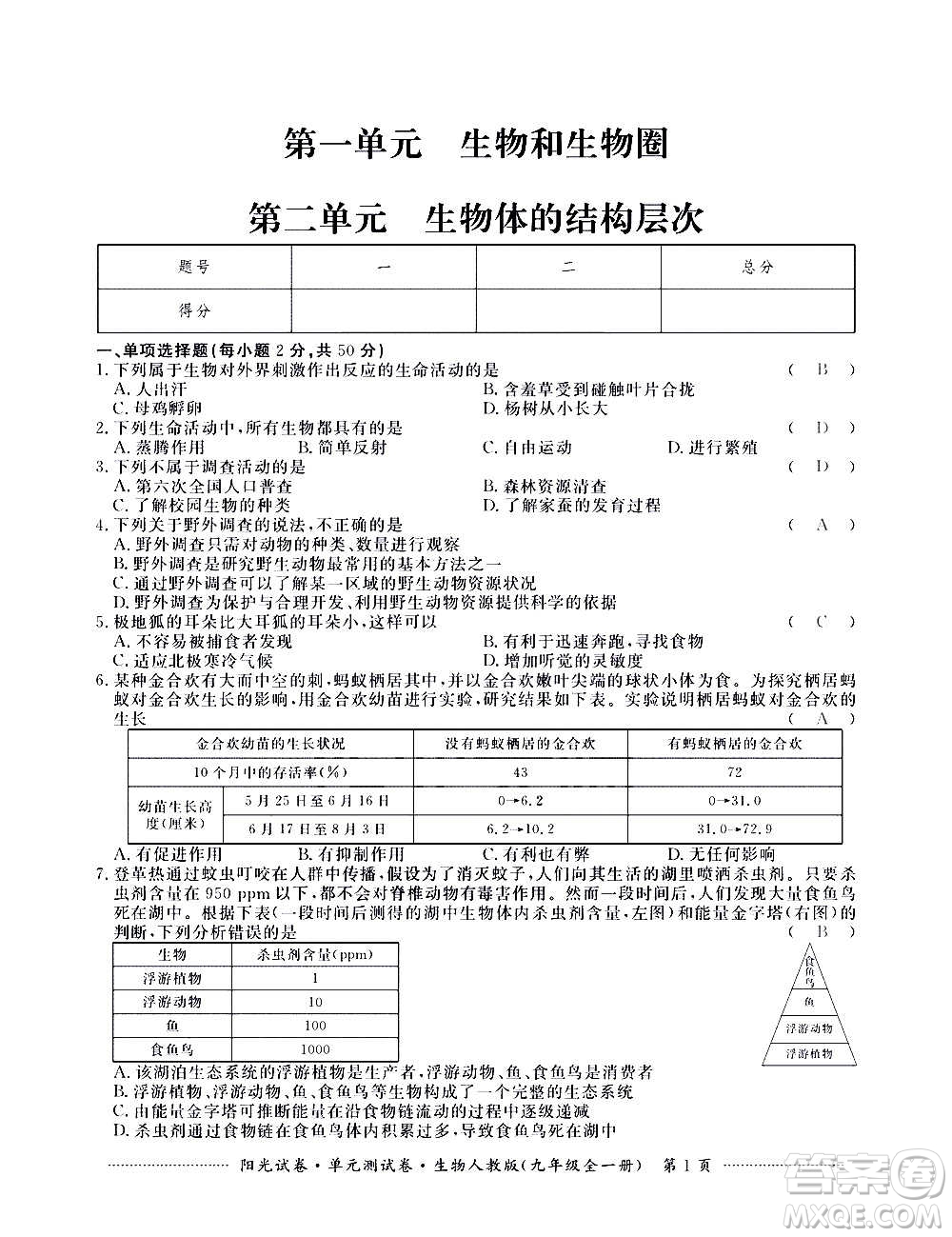 江西高校出版社2020陽光試卷單元測試卷生物九年級全一冊人教版答案