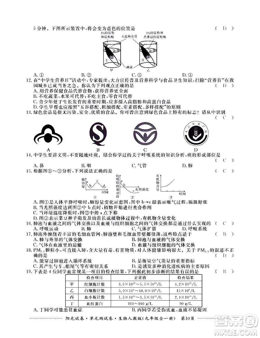 江西高校出版社2020陽光試卷單元測試卷生物九年級全一冊人教版答案