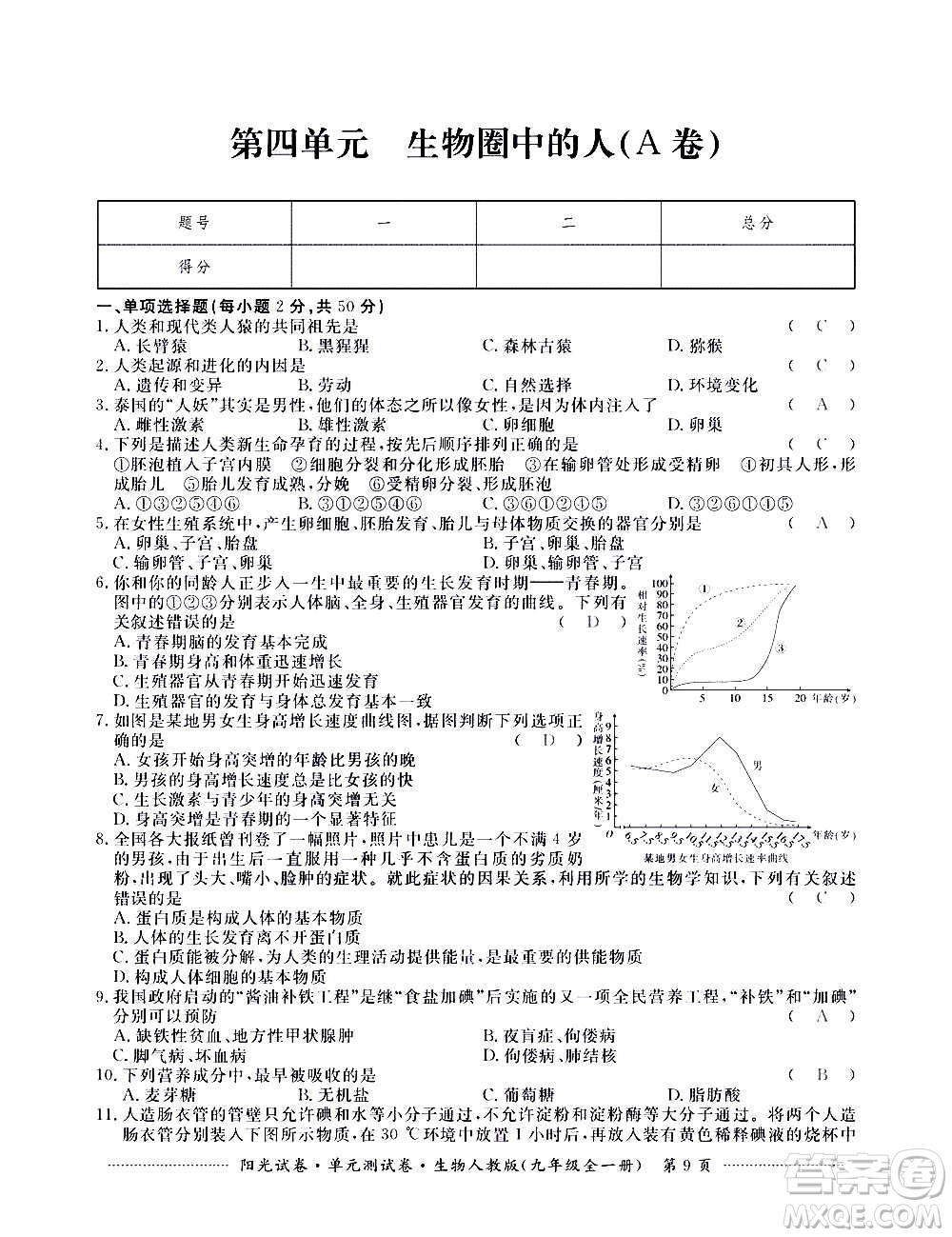 江西高校出版社2020陽光試卷單元測試卷生物九年級全一冊人教版答案