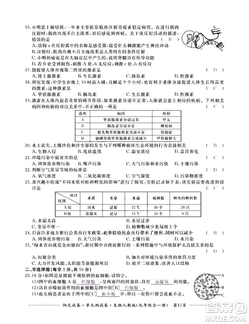 江西高校出版社2020陽光試卷單元測試卷生物九年級全一冊人教版答案