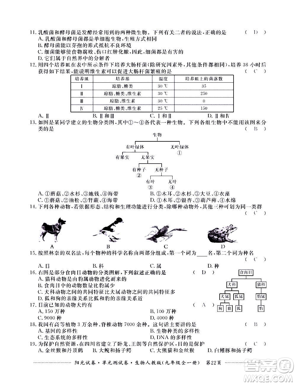 江西高校出版社2020陽光試卷單元測試卷生物九年級全一冊人教版答案