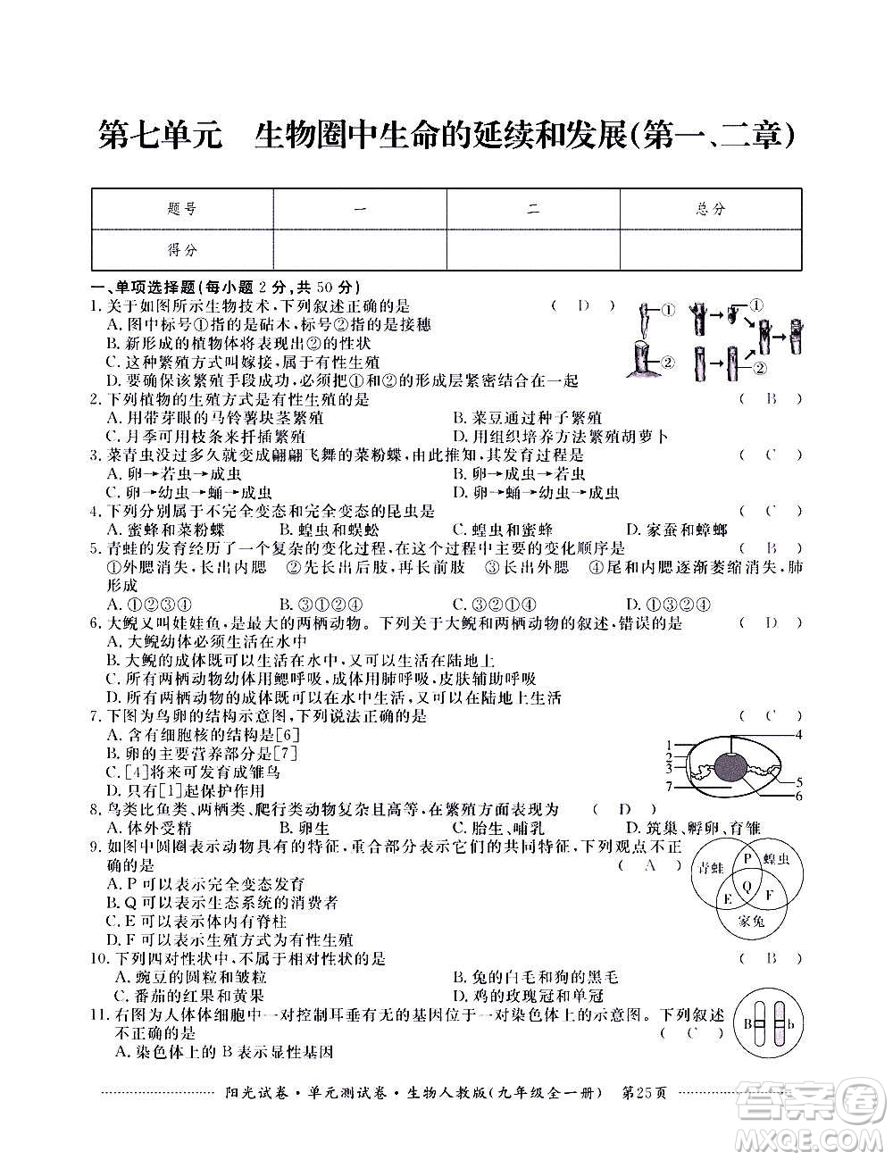 江西高校出版社2020陽光試卷單元測試卷生物九年級全一冊人教版答案