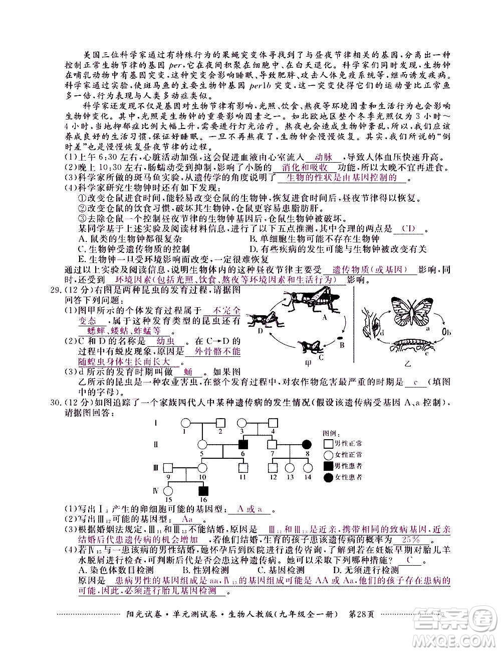 江西高校出版社2020陽光試卷單元測試卷生物九年級全一冊人教版答案